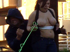So this beauty with a tiny dog and huge fucking knockers comes walking up the street in a TUBE TOP! Everyone knows those are just meant to be pulled down! Her boobs were just begging to bust out of that constricted top so we helped 'em out!