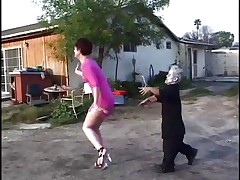 horny brunette is fucked by short zombie guy