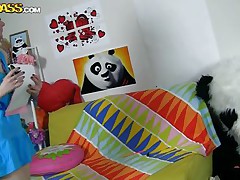 The horny Panda found this time a girl obsessed with him! This cutie has a poster with panda on the wall and draws a picture of him now. She's so excited and happy that lastly panda visited her but does she knows what his intentions are? Well she maybe a bit innocent and stupid but that's how panda likes it!